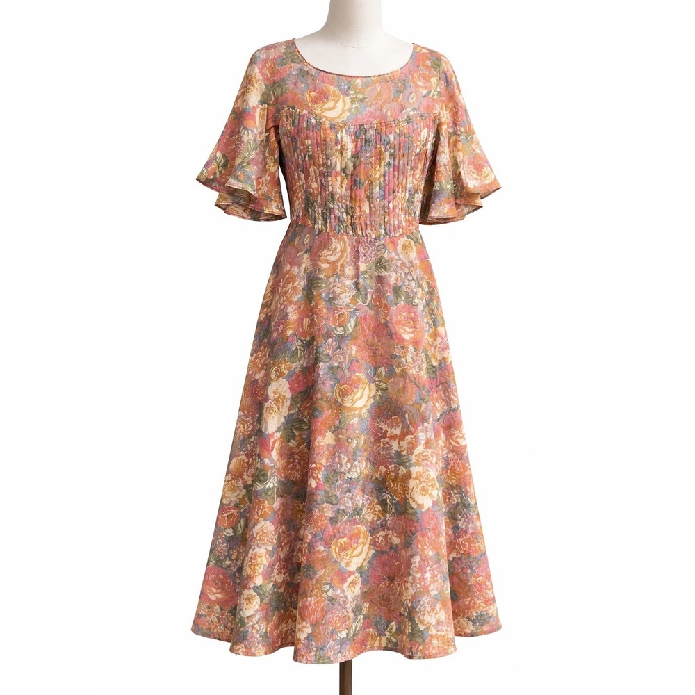 Vintage 90s Nipon Boutique SMALL Floral Watercolor Pleated Midi Dress Flutter‎ S